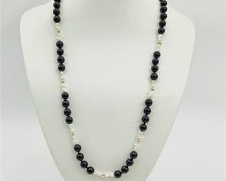 14K Yellow Gold Filled, Black Onyx, and Freshwater Pearl Beaded Necklace