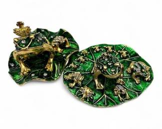 Enamel Rhinestone Frog Prince Trinket Box Set of 2