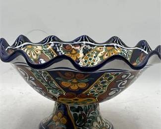 Talavera Hand-Painted Ceramic Footed Serving Bowl With Ruffled Edge