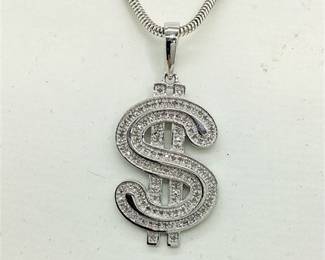 Sterling Silver Dollar Sign Diamond Pendant with Snake Chain