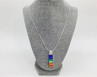 Sterling Silver Art Glass Rainbow Pendant with Bean Link Chain Necklace