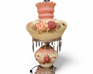 Victorian Style Hurricane Lamp Pink Glass Shade Rose Design