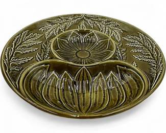 Secla Portugal Green Majolica Lotus Flower Relief Plate