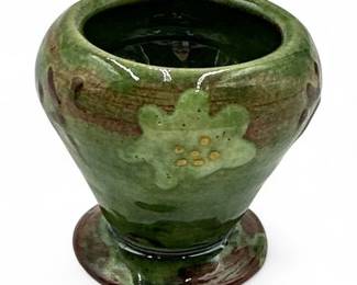 Small Green Glazed Pottery Vase With Floral Design