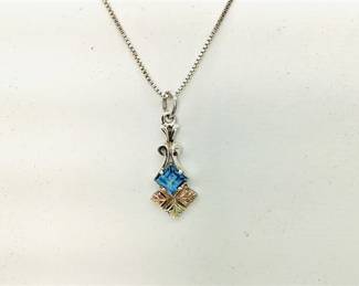 12K Black Hills Gold & Sterling Silver Blue Topaz Pendant and Box Chain