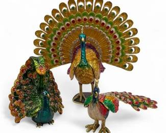 Lot of 3 Bejeweled Enamel Peacock Figurines Trinket Boxes