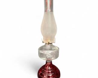 Vintage Red Glass Base Oil Lamp with Clear Font & Chimney