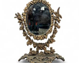 VTG Ornate Cast Metal Vanity Swivel Mirror Rococo Style