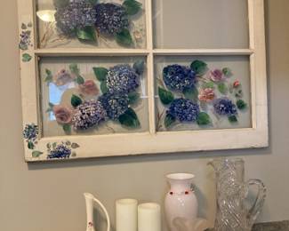Antique Hydrangea Hand Painted Window