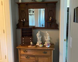 Oak Wall Mount Will Mirror with Shelving, Antique Tiger Oak Washstand Cabinet