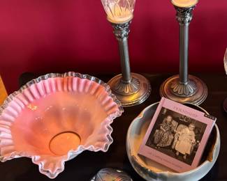 Pink & White Glass Ruffled Edge Bowl, Iridescent Studio Art Glass Pulled Feather Heart Paperweight, Pair of Partylite Satin Silver Taper Candle Holders