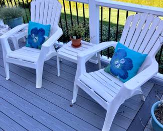 Pair of White Resin Adirondack Chairs with Side Table