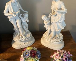 Pair of Bisque Porcelain Collonial Man & Woman with Children Figurines