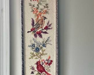 Framed Bird & Floral Embroidered Tapestry