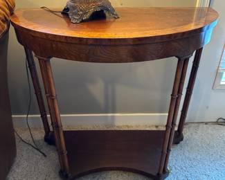 Baker Furniture Regency Style Walnut and Burlwood Inlaid Demilune Console Table