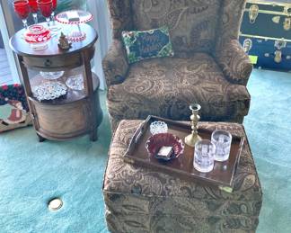 Brown Paisley Upholstered Wingback Arm Chair & Ottoman