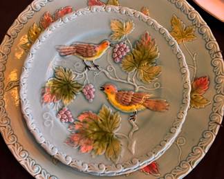West Germany Majolica Blue Dinner Plate and Bread & Butter Plate with Birds and Grape Leaf Design