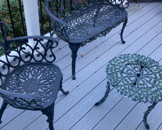 Scrolled Black Cast Iron Bench, Chair & Accent Table