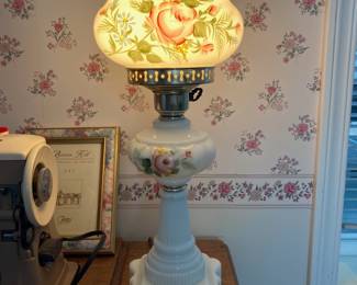 Floral Hand-Painted  Milk Glass Electric Hurricane Lamp