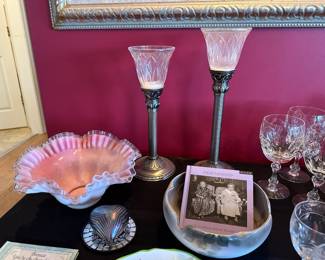Pink & White Glass Ruffled Edge Bowl,  Iridescent Studio Art Glass Pulled Feather Heart Paperweight, Pair of Partylite Satin Silver Taper Candle Holders