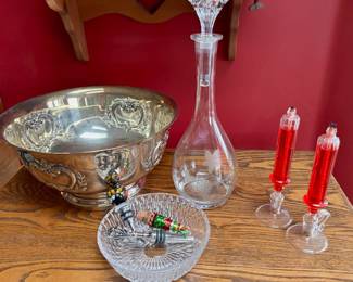 Silver Plated Punch Bowl, Grape Leaf Etched Glass Decanter, Pair of Clear Blown Glass Burning Candle Oil Burning Chambersticks