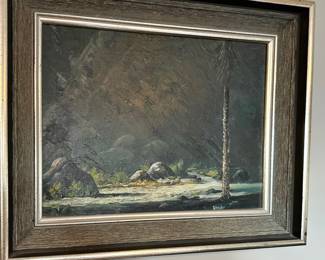 Framed Flowing River Landscape Oil Painting - Signed Wunder