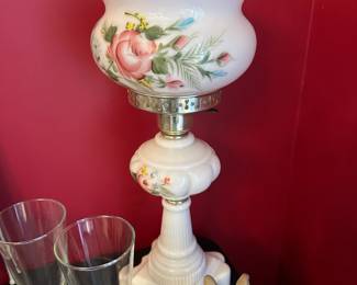Floral Hand-Painted  Milk Glass Electric Hurricane Lamp