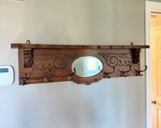 Oak Wall Hanging Coat Rack with Mirror