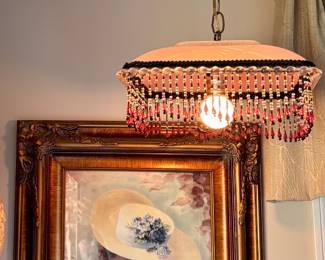 Victorian Revival Pink Glass Dome Beaded Fringe Swag Lamp, Ornately Framed Edwardian Lady Portrait Print