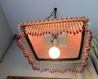 Victorian Revival Pink Glass Dome Beaded Fringe Swag Lamp