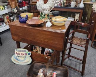 Antique drop leaf table, primitive basket, child/doll highchair