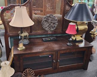 Queen headboard, media stand, lamps