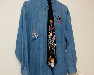 Looney Tunes Skiing Bugs Bunny & Daffy Duck Embroidered Denim Button-Down Long Sleeve Shirt