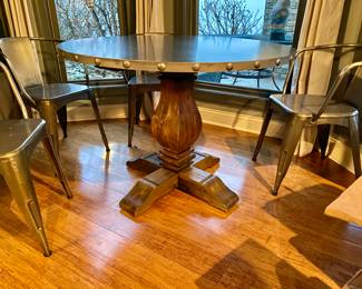 World Market Metal with wood pedestal base Game Table and 4 metal chairs. 42” dia x 30” Tall $275