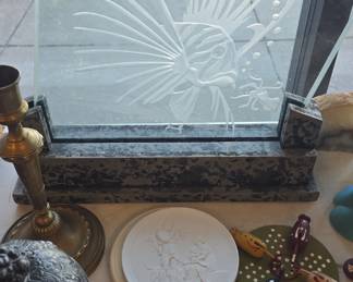lionfish etched on glass and marble stand 