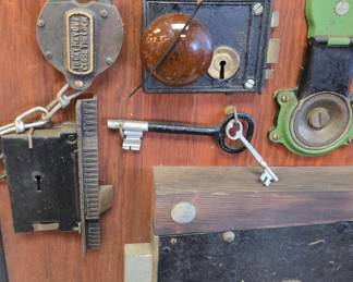 absolutely amazing vintage lock and key collection., from Girard Butler. these were made circa 1920 and the actual boards are in the photo album along with other collections Girard Butler collected. we will be selling them by the board, many of the locks have tags and dates from where they came even a lock from the 12th President Zachary Taylors home.  boards are roughly 6ft long !