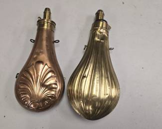Sexton antique brass and copper ornate powder flasks 