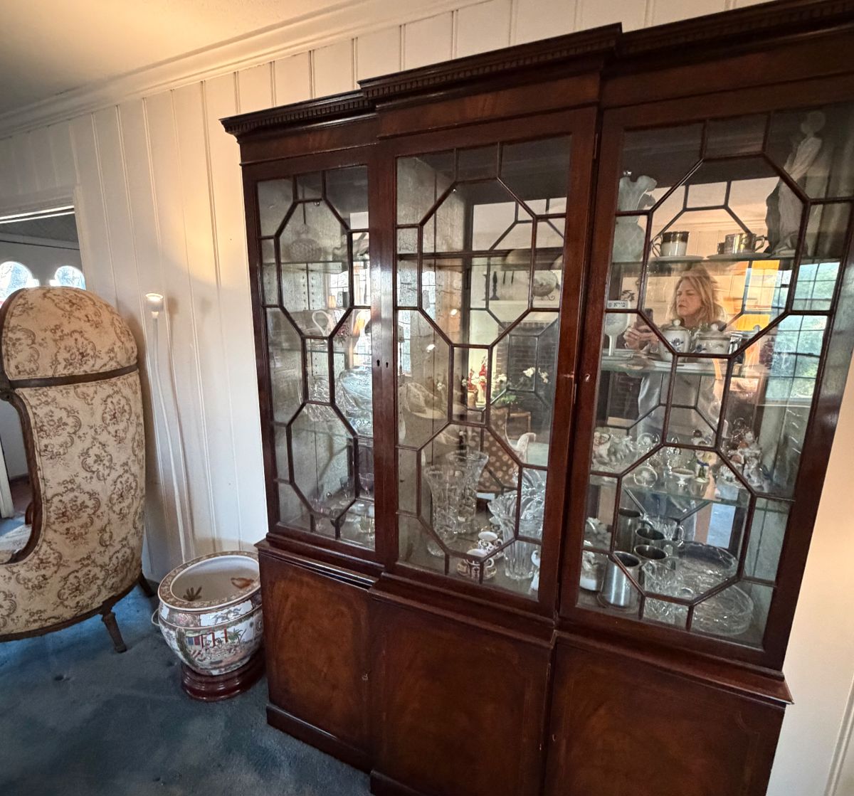 Antique MAhogany China Cabinet with Lalique, Waterford, more!
