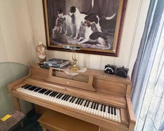 Blonde Wurlitzer upright piano 