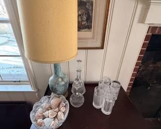 Antique table w drawers, Waterford decanter, Ralph Lauren Herringbone tumblers 