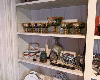 Murano Venetian compote and individual bowls in green, maroon luncheon plates antique, Wedgwood Carlyn partial set, Chinese antiques