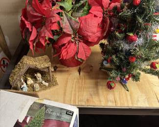 Christmas decorations, tree, nativity scene, etc