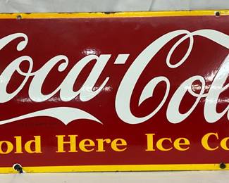 1947 Porc. Coca-Cola Sold Here Ice Cold Sign, 29 x 12 Inches