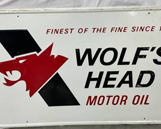 Emb. Metal Wolf’s Head Motor Oil Sign, 60in x 36in