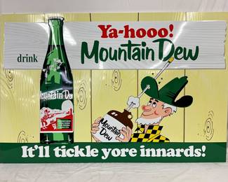 Emb. Mountain Dew Sign w/Wooden Framed Back, 58in x 39in, with Original Box