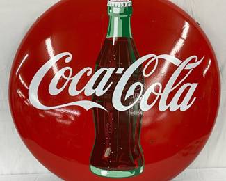 36in. Porc. Coca-Cola Button Sign w/ Bottle Graphic