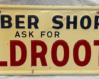 Embossed 1965 Barber Shop Wildroot Sign, 39 x 14