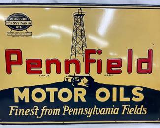 Emb. Penn Field Motor Oils Tin Sign, 20×14, Made by Donaldson Art Sign Co.