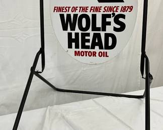 1979 DS Wolf’s Head Motor Oil Sign Sidewalk Stand, 23x30