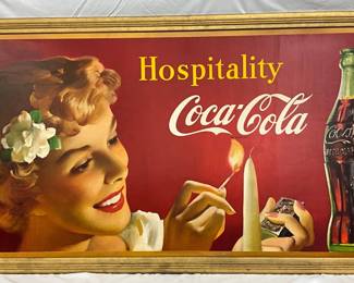 Rare 1960 Coca-Cola Hospitality Cardboard Sign in Wood Frame, 58 x 32 Inches